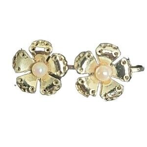 Vintage Gold Tone Faux Pearl Flower Screwback  Earrings